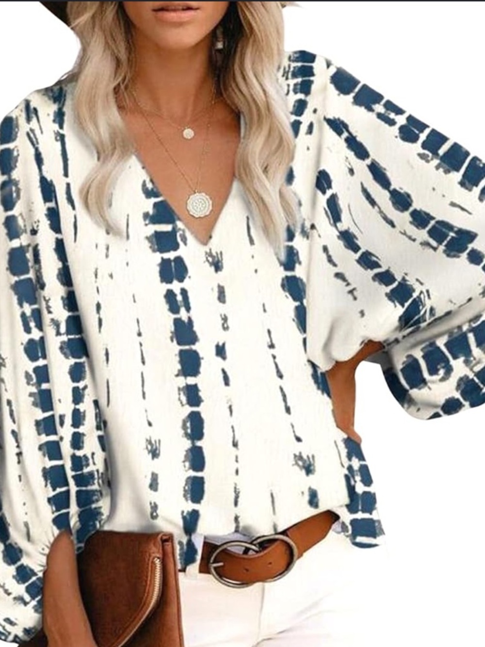 Navy Shibori Tie-Dye Tunic White V Neck Balloon Sleeve Flowy Boho Coastal Size L
